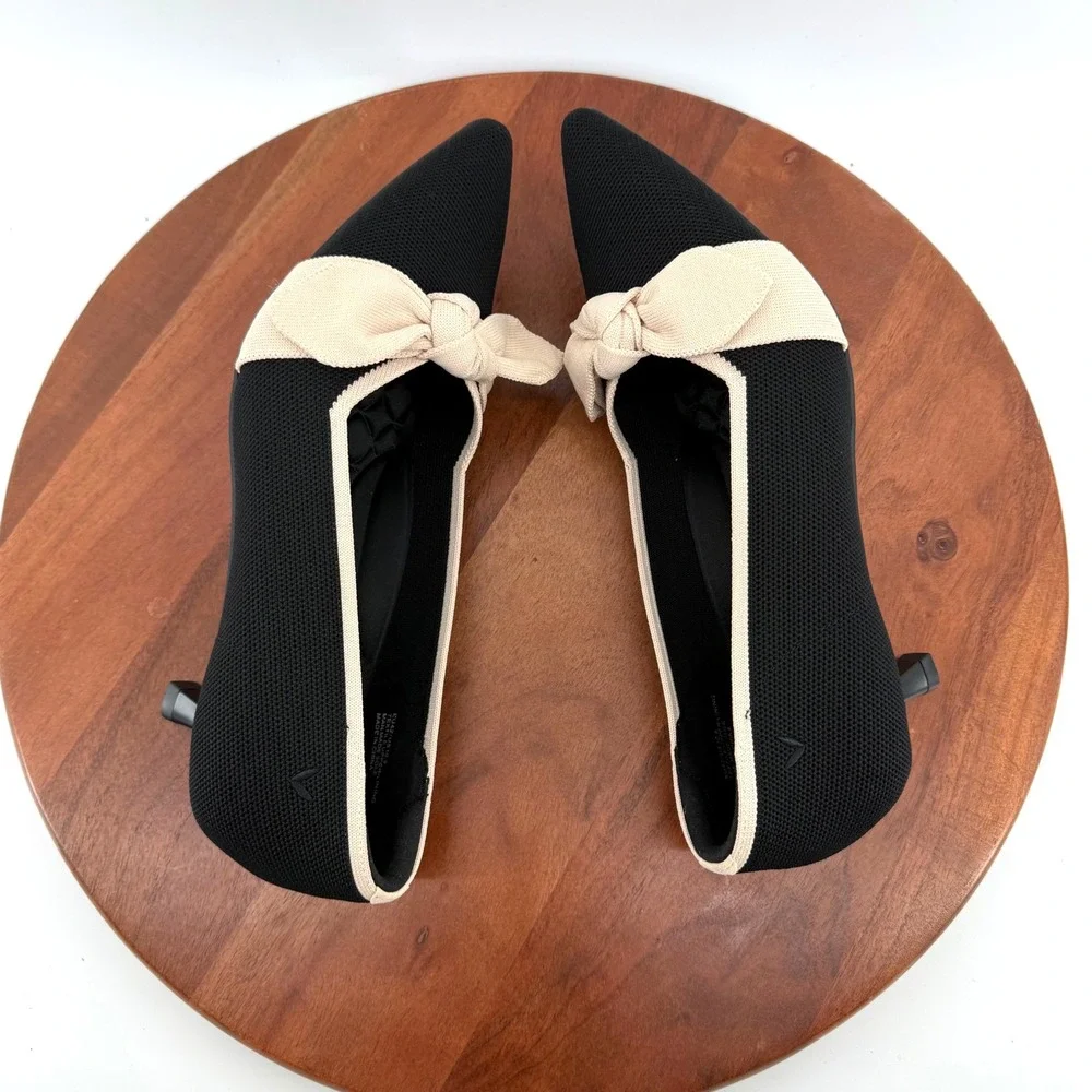 VIVAIA Kitten Heel Pumps Black Cream Bow Pointed Toe Knit Shoes Wmn EU42/US 10.5